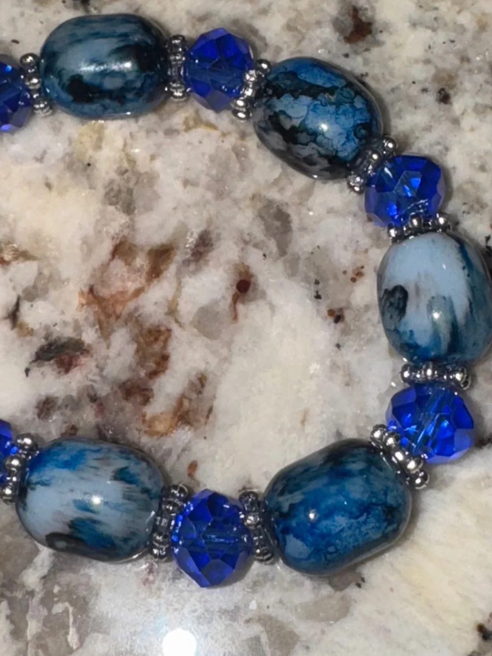 Boho Blue White Gold Veined Glass Beaded Stackable Stretch Bracelets